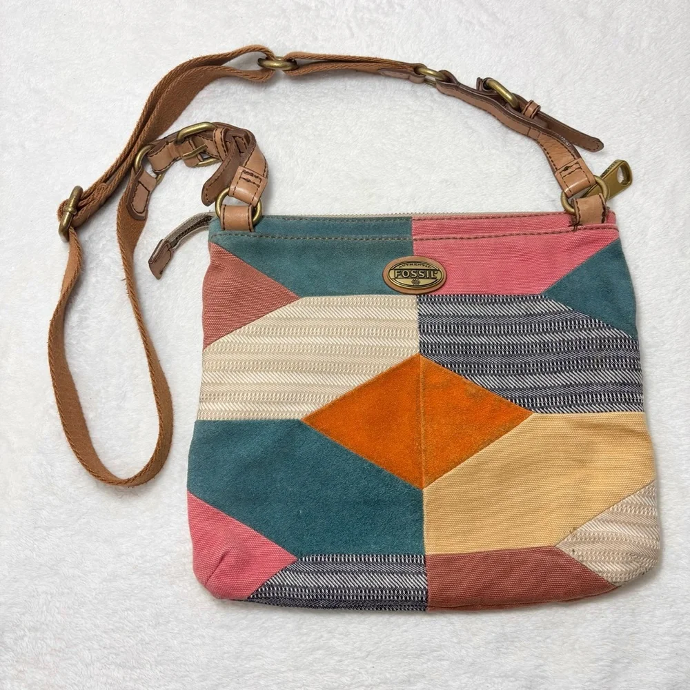 Fossil Vintage Patchwork‎ Suede Colorful Boho Style Geometric Crossbody Bag